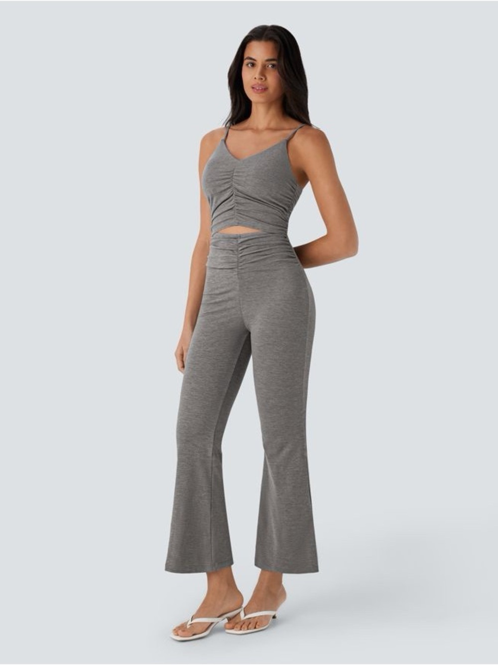 Halara Cut Out Ruched Flare Casual Slip Jumpsuit medium - Picture 3 of 5